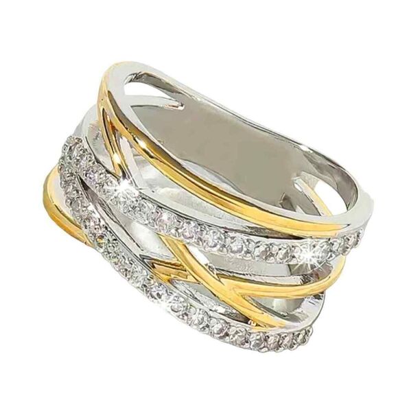 14K Two Tone Gold and Silver Ring with Criss Cross Diamond Band - Picture 1 of 9